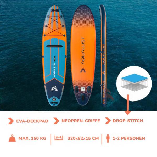 AQUALUST 10.6 iSUP Board Stand Up Paddle Surfboard aufblasbar Komplettset 320cm orange