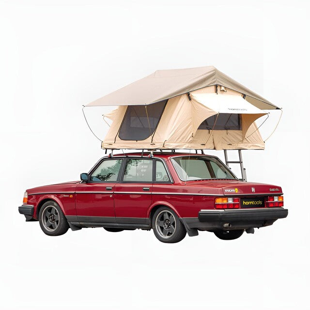 Roof tent Horntools Trapper Joe, sand color, including awning, green color.