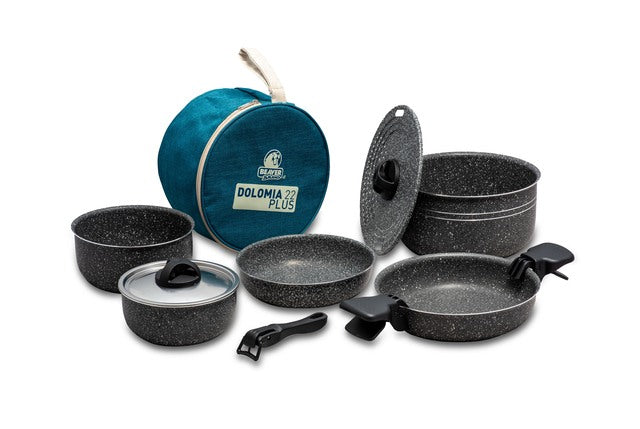 BEAVER BRAND Dolomia 22 Plus cookware set, aluminum, stone grey color with carrying bag.